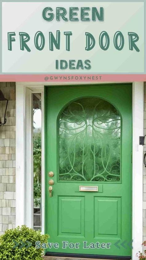 Looking for green front door paint color ideas? Enhance the curb appeal of your home with a stylish green front door. Explore top exterior door colors ideas to choose the perfect shade of green and design that will make a bold statement for your entryway. Emerald Green Doors Front Entrance, Kelly Green Front Door, Green Front Door Paint Colors, Green Entry Door, Green Front Door Colors, Door Paint Color Ideas, Chartwell Green Front Door, Farm Exterior, Dark Grey Houses