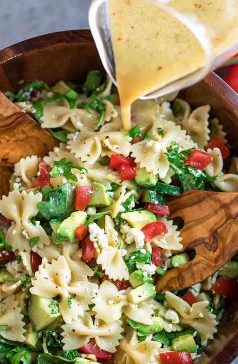 Mediterranean Pasta Salad with Arugula and Feta - Peas and Crayons Pasta Salad With Arugula, Vegetarian Pasta Salad, Bowtie Pasta Salad, Mediterranean Pasta Salads, Pasta Salad Dressing, Mediterranean Pasta, Cold Pasta Salad, Bowtie Pasta, Vegetarian Pasta