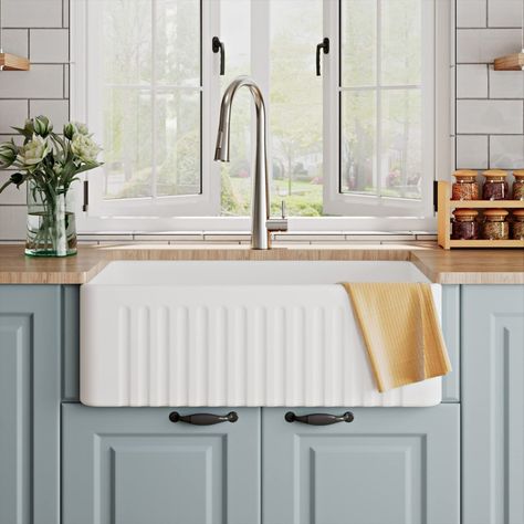 Coastal Living | Coastal Decor | Farmhouse Sink | Neutral Kitchen | Minimal Kitchen | Dream Kitchen Fluted Kitchen Sink, Fluted Farmhouse Sink, White Apron Sink, Porcelain Kitchen Sink, Villa Inspiration, White Farmhouse Sink, Ceramic Kitchen Sinks, Kitchen Fixture, Kitchen Sinks Farmhouse