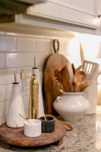 tray with brass peppermill oil and vingear bottles and marble salt cellar Tray For Salt And Pepper, Countertop Oil Tray, Oil And Salt Tray, Salt And Pepper Kitchen Decor, Olive Oil Tray Decor, Marble Salt Cellar, Oil Salt And Pepper Tray, Kitchen Decor Tray, Olive Oil Salt And Pepper Display