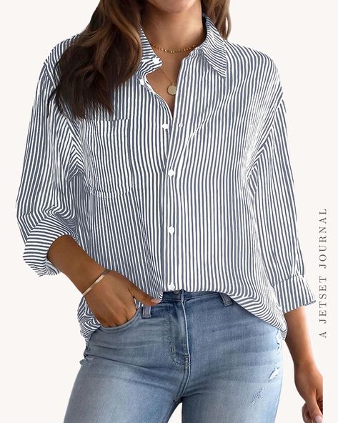 Coastal Girl, Winter Blouses, Casual Coastal, Casual Shirt Women, Women's Button Down Shirt, Casual Long Sleeve Shirts, Basic Shirts, Women Shirts Blouse, Striped Cardigan