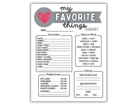 This Templates item by AndersonADesigns has 151 favorites from Etsy shoppers. Ships from United States. Listed on Sep 11, 2024 Teacher Preference Survey, Staff Questionnaire Favorite Things, Favorite Things Questionnaire, Gift Questionnaire For Friends, Teacher Gift Questionnaire, Favorite Things List Boyfriend, My Favorites Template, Questionnaire For Friends, My Favorite Things Template