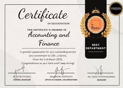 "Followers who tell the truth, and leaders who listen to it, are an unbeatable combination."-- Warren Bennis Presenting the Certification of Appreciation to the Accounting and Finance Department for earning this week’s Best Department Award.‼️ Your team just showed the true meaning of cooperation and commitment in every work. Congratulations!!🤍 Certification Of Appreciation, Work Congratulations, Accounting Certificate, Recognition Awards, Certificate Of Appreciation, Best Computer, Operations Management, Accounting And Finance, Work Ethic