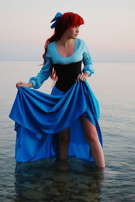 Ariel human form Cosplay | Disney’s The Little Mermaid Little Mermaid Blue Dress, Original Halloween Costumes, Easy Couple Halloween Costumes, Halloween Costumes Women Creative, Ariel Costumes, Ariel Cosplay, Belle Cosplay, Ariel Dress, Couples Halloween