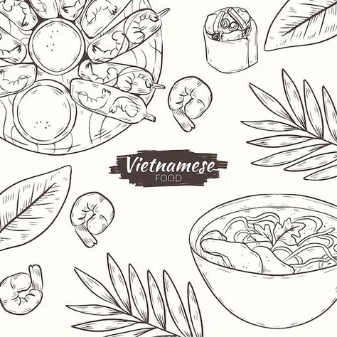 Vietnamese Food Drawing, Vietnamese Food Illustration, Happy Vietnamese New Year, Drawn Food, Bowl Food, Youtube Channel Art, Vietnamese Food, Greeting Card Template, Poke Bowl