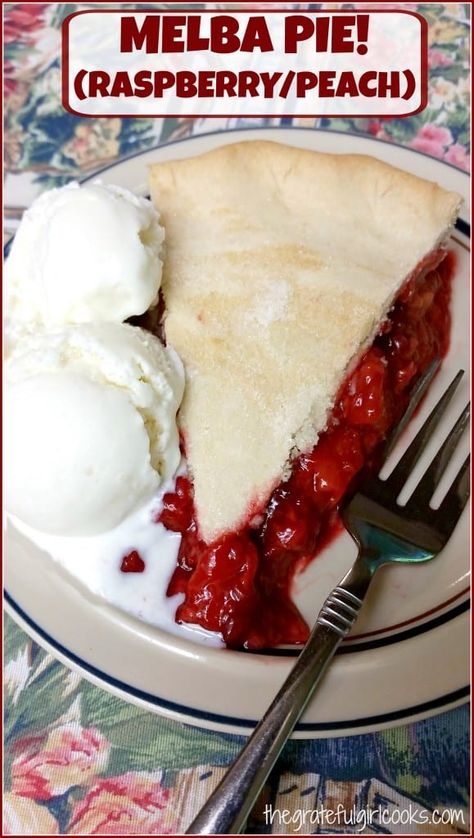 Melba Pie! (RaspberryPeach) / The Grateful Girl Cooks!  Peaches and raspberries are featured in this delicious pie! Peach Melba, Pastry Shells, Girl Cooking, Pastry Crust, Crumble Recipe, Fresh Raspberries, Meringue Pie, No Bake Pies, Delicious Pies