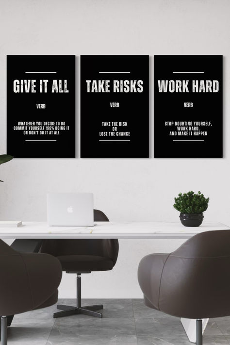 Stylish Work Hard verb motivational poster in black frame, ideal for home office or workspace decor to inspire hard work. Office Motivational Wall Art, Motivation Quotes For Office Wall, Office Motivational Wall Art Professional, Office Posters Motivational, Motivational Quotes Frame Wall Art, Entrepreneur Gifts, Office Renovation, Motivational Wall Art, 3 Piece Wall Art