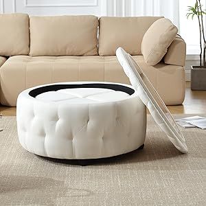 INZOY 32" Wide Storage Ottoman Large with 4 Wheels,Tufted Round Rolling Ottoman with Removable Lid, Coffee Table Seat Inside 4 Stools/Taborets, Fabric White Ottoman Large, Round Storage Ottoman, Round Ottoman, Store Organization, Table Seating, Storage Ottoman, Storage And Organization, Storage Furniture, Stools