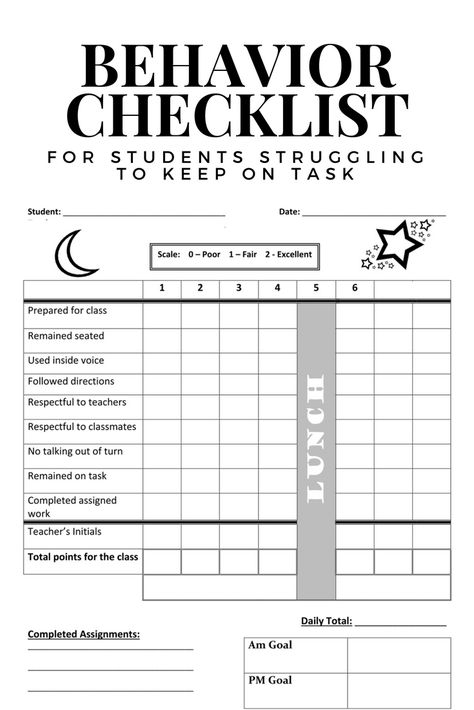 I created this as a checklist that can be used by students to improve behavior and stay on task. Students carry this form with them throughout the day and have the instructor fill our and initial at the end of class. Daily Behavior Sheets For Students, Task Completion Checklist For Students, Daily Behavior Report, Behavior Checklist, Student Behavior Chart, Accelerated Christian Education, Middle School Classroom Management, Behavior Goals, Behavior Reflection