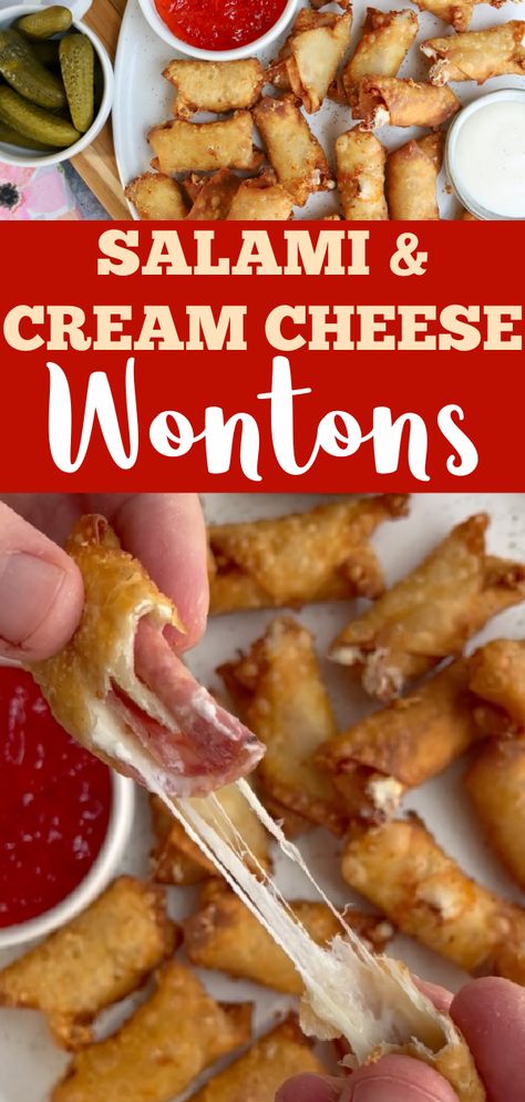 Salami And Cream Cheese, Stuffed Wontons, Salami Cream Cheese, Wonton Wraps, Salami Recipes, Cream Cheese Roll Up, Cheese Wontons, Cream Cheese Wontons, Fried Wontons