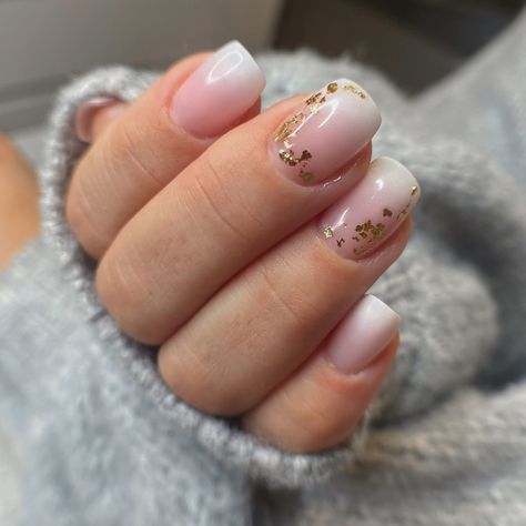 Nails ombre french French Tip With Gold Flakes, Pink White And Gold Nails, Ombre Nails Square, Gold Flake Nails, French Pink, Nails Square, White Ombre, Gold Flecks, Oval Nails