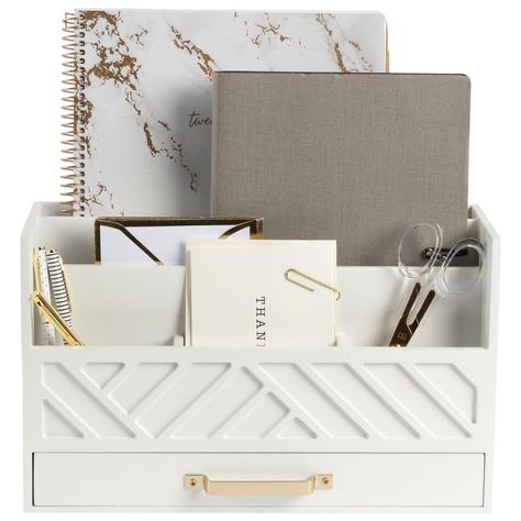 PRICES MAY VARY. Functional and stylish to keep your desk organized and clutter-free with this white wooden desk organizer with a gold handled drawer. It comes with a convenient drawer and multiple compartments, providing ample storage for all your desk supplies and accessories. With its sleek design and gold handle, this desk organizer also addc a touch of sophistication to your workspace. The desk supplies storage helps you keep your pens, pencils, and other writing utensils organized, while t Brown Wood Desk, White Wooden Desk, Study Desk Organization, Small Desk Organization, White Wood Desk, Classroom Desk, Wooden Desk Organizer, Desk Organizer Set, Wooden Organizer