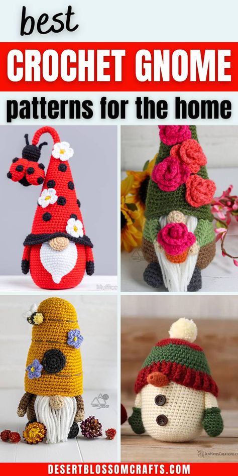 crochet gnome patterns collage Gnome Patterns Free, Crochet Ornaments Free Pattern, Crochet Gnomes Pattern Free, Crochet Gnomes, Crochet Valentine Patterns, Crochet Dragon Pattern, Crochet Gnome, Crochet Ornament Patterns, Crochet Dragon