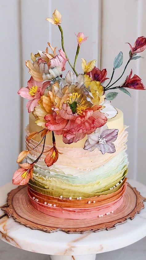 Cake With Flowers, Wedding Cake Ideas, Ombre Cake, Ruffle Cake, Lesbian Wedding, Colorful Cakes, Rainbow Cake, Wedding Cake Designs, Cake Toppings