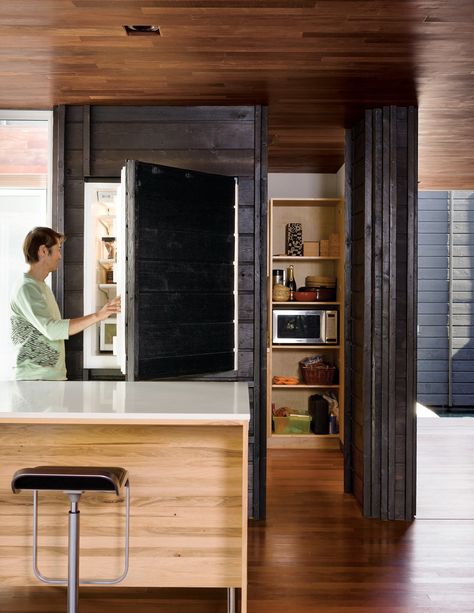 Camouflaged refrigerator Shou Sugi Ban Kitchen, Hide Appliances, Japanese Bathroom, Cedar Cladding, Hidden Kitchen, Outdoor Kitchen Appliances, Small Pantry, Open Living, Wood Architecture