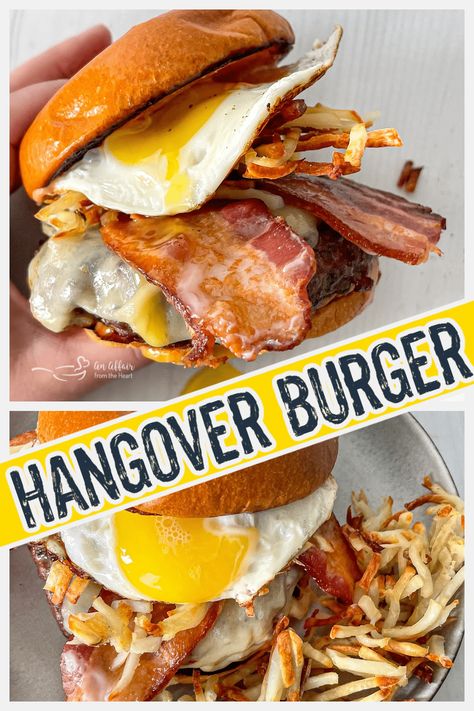 There's no need to "tie one on" just to give this EPIC Hangover Burger Recipe a try! But ... if you happen to over-indulge, it can help! It's a BIG juicy hamburger, topped with crispy shredded hashbrowns, a fried egg, smokey bacon, spicy pepper jack cheese, and hangover burger sauce. Hamburger With Fried Egg, Hangover Burger Recipe, Burger Recipes With Egg, Egg Burger Recipe, Mexican Burger Recipes, Different Burger Ideas, Breakfast Burger Ideas, Crazy Burger Ideas, Hashbrown Burger