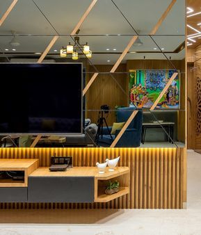 Design Greets Culture - Permar House | The Design Code - The Architects Diary Tv Unit Decor, Brick Cladding, Tv Cabinet Design, Living Tv, Wall Tv Unit Design, Living Room Tv Unit Designs, Living Room Tv Unit, Tv Room Design, Tv Wall Design