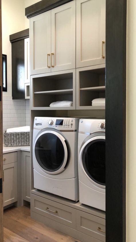 Laundry Room With Basket Storage, Butlers Pantry Laundry Room Combo, Laundry Room Update, Custom Laundry Room, Laundry Nook, Stacked Laundry Room, Pantry Laundry Room, Pantry Laundry, Dream Laundry Room