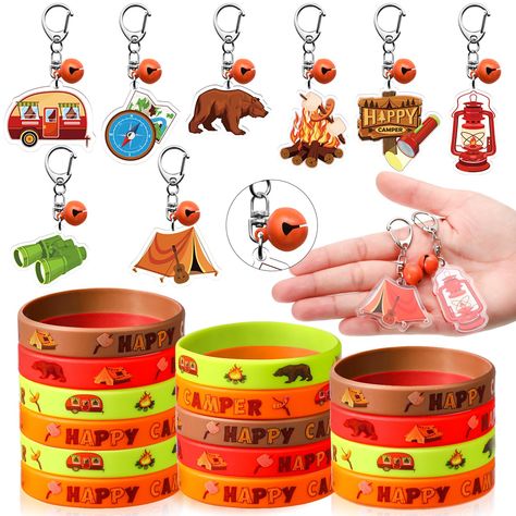 PRICES MAY VARY. Camping Party Favors Set: package includes 24 pieces camping silicone bracelets in 4 styles, with 24 pieces camping party keychains, a total of 48 pieces camping party favors, which is enough for boys and girls to share with others to have fun, and you can pack these in the party bags as giveaways for guests Camping Theme Design: our camping birthday party favors feature attractive designs. The camping theme bracelets and camping theme keychains are designed with elements like t Theme Keychains, Camping Birthday Party Favors, Diy Campfire, Camping Treats, Party Favors For Boys, Camping Party Favors, Camping Party Decorations, Paper Palm Tree, Camping Theme Birthday Party