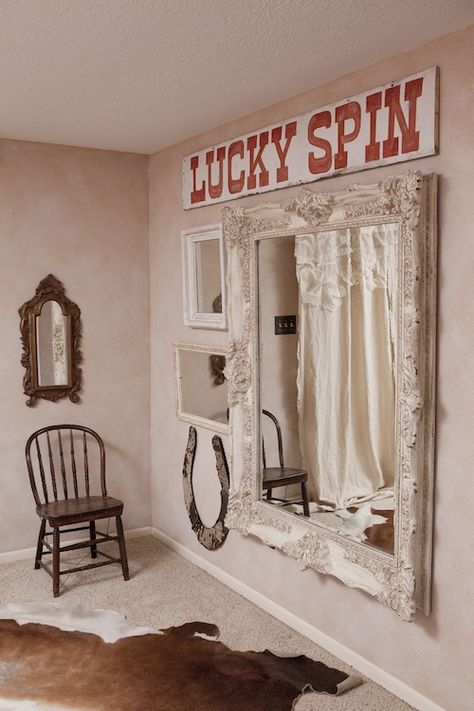 junk gypsy romantic cowgirl bedroom with custom vintage mirror wall and lucky spin sign from our hgtv series, reruns now on Great American Country! #barngateheadboard #gactv #hgtv Romantic Country Bedrooms, Cowgirl Apartment, Country Girl Bedroom, Spin Design, Boutique Trailer, Country Girl Home, Rustic Bedrooms, Wall Arrangements, Cowgirl Bedroom