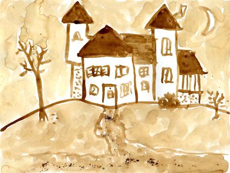 Instant coffee makes a great paint for a haunted house art project for kids. Just add more or less water to change the value. Halloween Art Projects, 5th Grade Art, 3rd Grade Art, Art Projects For Kids, Coffee Painting, Kid Art, Easy Drawings For Kids, Homeschool Art, Found Art