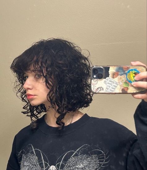 Short Biracial Haircut, Curly Neck Length Hair, Curly Tomboyish Sidetails, Black Dyed Curly Hair, Tomboy Sidetails Curly, Nonbinary Curly Hair, Jellyfish Curly Hair, Tomboyish Side Tails Curly, Alternative Curly Haircut