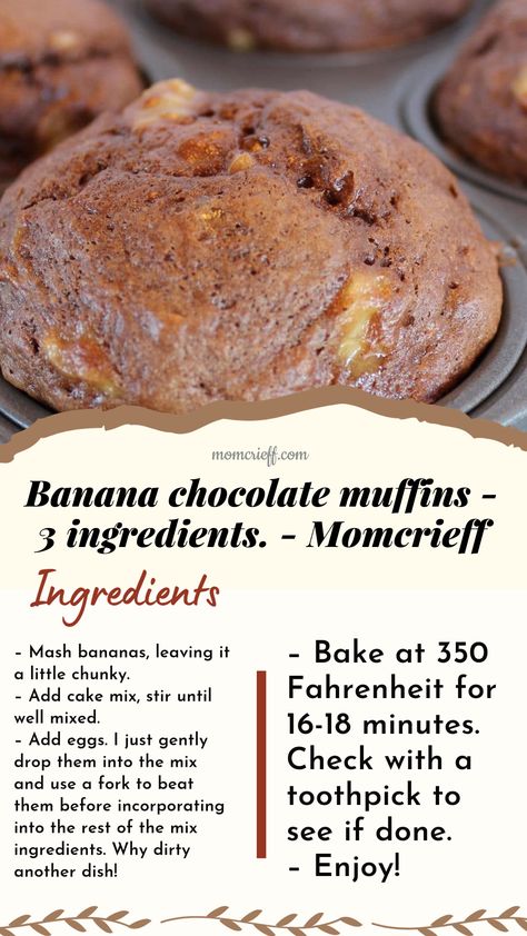 Make these 3 ingredient chocolate banana muffins today! A less than 30 minute cake mix recipe that uses up ripe bananas. Inexpensive & quick. 4 Ingredient Banana Muffins, One Old Banana Recipe, 2 Ingredient Banana Muffins, Banana Muffins Cake Mix Recipe, Banana Muffins Easy 3 Ingredients Simple, Banana Muffins Easy 3 Ingredients, 3 Ingredient Banana Oatmeal Muffins, Few Ingredient Banana Muffins, Recipes For Old Bananas