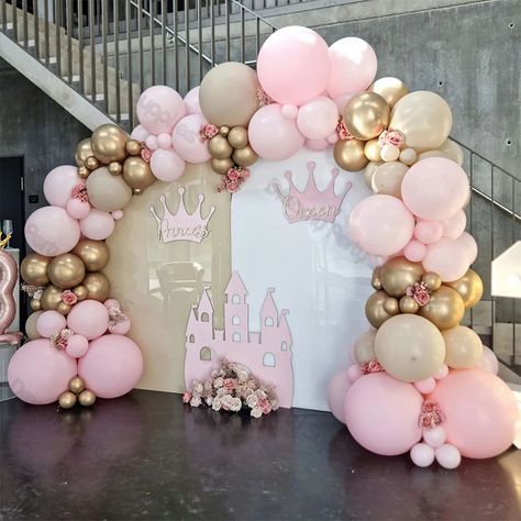 123pcs Pink Gold Beige Nude Balloon Garland Arch Kit Princess Birthday Balloons Decorations Wedding Princess Theme Baby Shower Ideas, Princess Theme Backdrop, Princess Balloon Arch, Princess Balloon Garland, Princess Balloon Decorations, Princess Baby Shower Theme, Princess Baby Shower Ideas, Pink Princess Birthday Party, Pink Balloon Garland