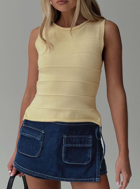 Knit tank top, split hem Slight stretch, unlined 100% cotton Cold gentle machine wash Knit Pant Outfit, Yellow Outfits Aesthetic, Anthropologie Outfits, Yellow Top Outfit, Europe Outfits Summer, Stylist Branding, Clothing Basics, Kerrygold Butter, 2024 Fits