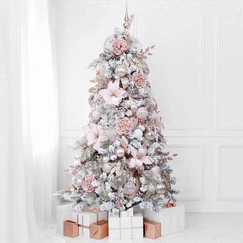 WBHome 5FT Pre-lit Artificial Christmas Tree with 200 Plug-in LED Lights and Ornaments Set Package, Rose Gold Themed Christmas Decorations 5 Foot Christmas Tree, Themed Christmas Decorations, Prelit Tree, Glitter Leaves, Pre Lit Christmas Tree, Pink Ornament, Christmas Tree Set, Ribbon On Christmas Tree, Pink Christmas Tree