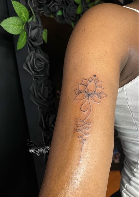 This is a fine line lotus Unalome tattoo design Tattoo Ideas On Dark Skin, Dark Skin Tattoo Ideas, Tattoos For Dark Skin, Unalome Tattoo Ideas, Lotus Unalome Tattoo, Tattoos On Dark Skin, Tattoo On Dark Skin, Lotus Unalome, Art Tattoo Ideas