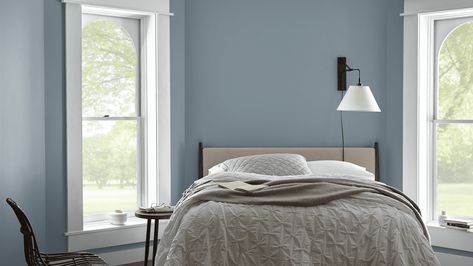 Blue and gray are both calming and soothing colors that are well-loved for their ability to create a relaxing space. But bringing them together create... | 7 Adirondack Blue in the Bedroom Behr Blue Gray Paint Colors, Behr Blue Grey Paint Colors, Behr Blue Paint, Behr Blue Paint Colors, Adirondack Blue, Behr Paint Colors Grey, Blue Paint Living Room, Soothing Bedroom Colors, Behr Blue