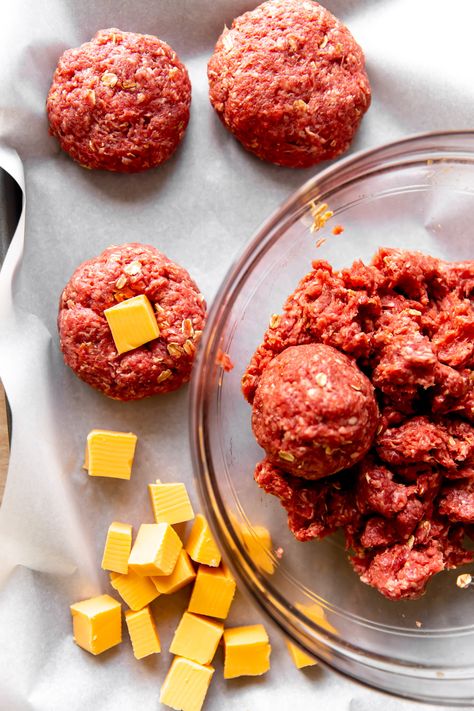 Cheese Stuffed Burgers Hamburgers With Cheese Inside, Stuffed Cheese Burgers, Cheese Stuffed Hamburger Patties, Stuffed Hamburger Recipes, Stuffed Hamburger Patties, Stuffed Cheeseburgers, Beef Burger Patty Recipe, Cheese Stuffed Burgers, Homemade Burger Patties