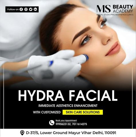 Hydra Facial Immediate Aesthetics Enhancement with customized skin care solutions Book your appointment on +91 99906 23132 . . . #msbeautyacademy #hydratingfacial #hydrationfacial #facialhydra #hydraprofacial #hydraglowfacial #facial #selfcare #hydrafacial 🤗 Hydra Facial Creative Ads, Hydrafacial Marketing, Facial Pics, Beauty Salon Marketing, Bridal Makeup Services, Hydra Facial, Shop Poster, Beauty Academy, Blur Background