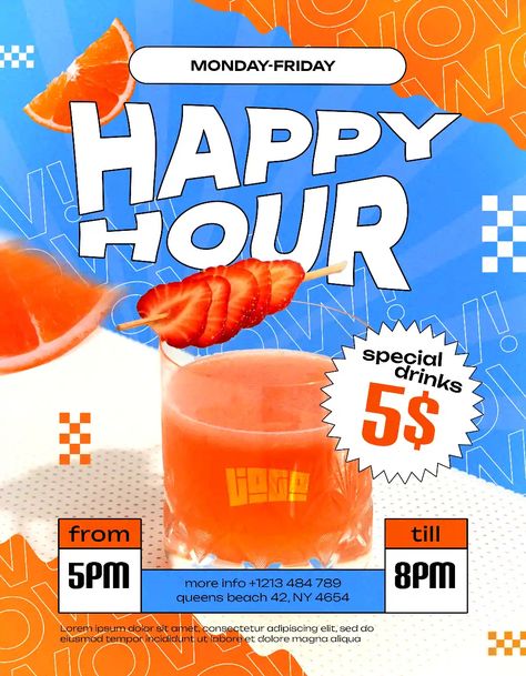 Check out the Free Happy Hour Drinks Flyer Template for your next club and party event. FreePSDFlyer.com is the best resource full of amazing Free PSD Flyer Templates for Photoshop! Create amazing flyer, poster or social media designs with our free templates. Happy Hour Graphic Design, Happy Hour Flyer Design, Cafe Event Poster, Cool Flyer Design, Promo Poster Design Ideas, Drink Social Media Design, Beverages Poster, Drink Flyer Design, Happy Hour Poster Design