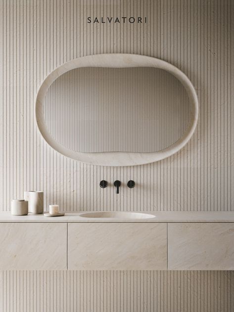 Anima | | Salvatori Official Simple Elegant Bathroom, Unique Bathroom Mirrors, Bathroom Mirror Ideas, Marble Basin, Marble Mirror, Modern Bathroom Ideas, Cream Marble, Yabu Pushelberg, Backlit Mirror