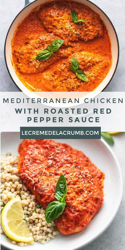 Roasted Red Pepper Chicken Crockpot, Roasted Red Pepper Ideas, Mediterranean Red Sauce, Roasted Red Pepper Jar Recipes, Red Pepper Dishes, Spicy Mediterranean Chicken, Roasted Red Pepper Pasta With Chicken, Chicken And Red Pepper Recipes, Red Pepper Chicken Recipes