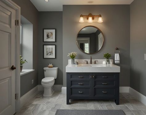 21 Paint Color Ideas To Make Small Bathrooms Look Bigger - Nekig Dark Gray Vanity Bathroom Paint Colors, Bathrooms With Gray Walls, Dark Gray Walls Bathroom, Charcoal Bathroom Walls, Dark Grey Bathroom Walls, Gray Bathroom Paint Colors, Dark Grey Bathroom Ideas, Gray And Purple Bathroom, Black Half Bathroom