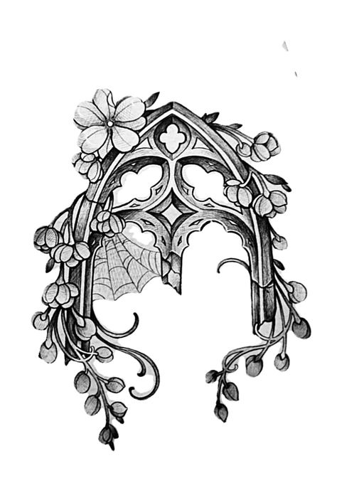 Victorian Architecture Tattoo, Gothic Cottage Core Tattoo, Gothic Garden Tattoo, Gothic Tattoo Drawings, Arched Window Tattoo, Gothic Mushroom Tattoo, Castle Window Tattoo, Garden Gate Tattoo, Gothic Arch Tattoo