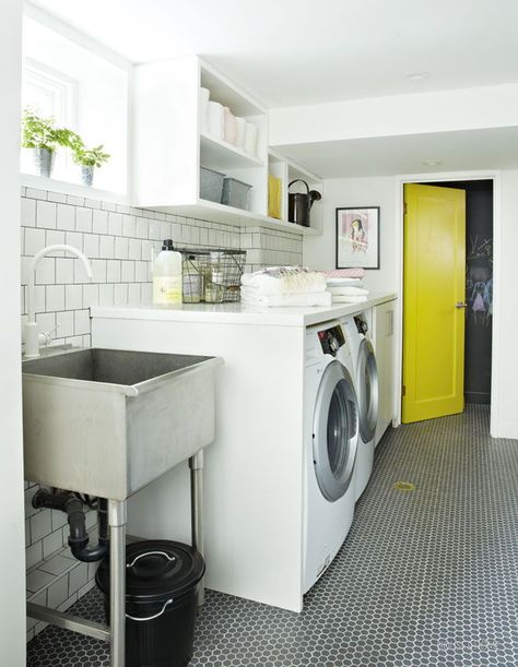 Utility Room Designs, House Laundry Room, Basement Organization, Media Room Design, Basement Laundry Room, Basement Laundry, Basement Living Rooms, Laundry Room Inspiration, Yellow Doors