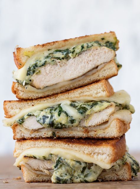 Grilled Chicken and Spinach Artichoke Dip Melt | Real Food by Dad Artichoke Grilled, Melt Sandwiches, Spinach And Artichoke Dip Recipe, Chicken Melt, Spinach Sandwich, Chicken Melts, Spinach And Artichoke Dip, Breakfast Inspiration, Artichoke Dip Recipe