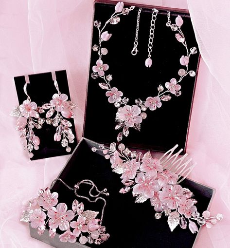 Cherry Blossom Wedding Dress, Cherry Blossom Wedding Theme, Cherry Blossom Party, Sakura Dress, Sakura Wedding, Cherry Blossom Theme, Pink Jewelry Set, Anime Wedding, Blossom Jewelry