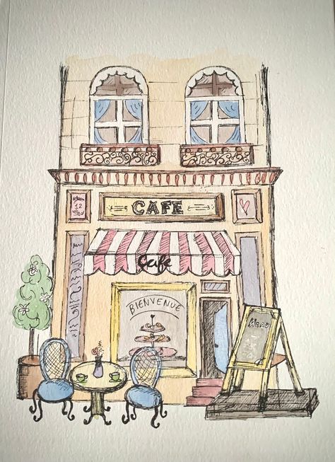 Hope this piece brings you peace like it did when I painted it! Things To Draw Buildings, Cafe Art Aesthetic, Coffee Shop Illustration Drawings, Cute Cafe Illustration, Aesthetic Cafe Drawing, Cute Buildings Drawing, Cafe Drawing Aesthetic, Art Cafe Ideas, Cafe Paintings Art