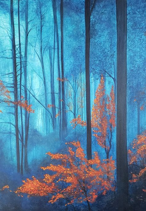 Red Forest Blue Forest Acrylic Painting by Deb Taylor Blue Forest Painting, Nighttime Forest Painting, Forest Trees Painting, Deep Forest Painting, Simple Forest Painting, Blue Acrylic Painting Ideas, Forest Floor Painting, Forest Painting Ideas, Acrylic Forest Painting