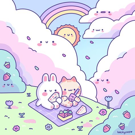 Pink clouds ☁️ Hi everyone! I wanna go on a picnic but it’s been raining so much lately!! 😭💕💕 who would you take on a picnic?… | Instagram Becky Cas, Calming Illustration, Picnic Instagram, Picnic Illustration, Kawaii Inspiration, Calm Place, Kawaii Illustration, Kawaii Doodles, Pink Clouds