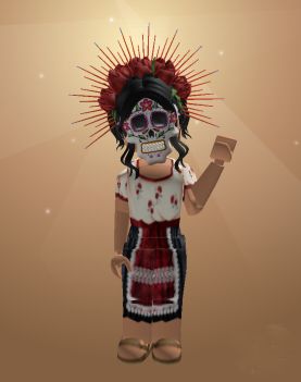 Dia de Los Muertos inspired Roblox avatar. Halloween Outfits Roblox Avatar, Roblox Avatars Halloween, Corpse Bride Roblox Avatar, Roblox Halloween Outfits, Halloween Avatar Roblox Girl, Roblox Avatar, Roblox Avatars, Avatar