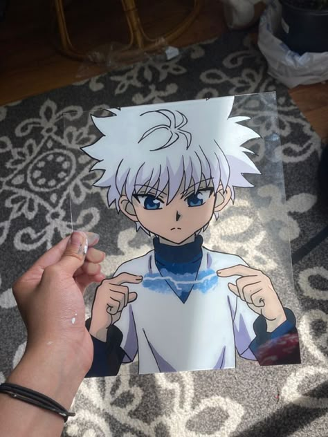 Glass Paintings Aesthetic, Hunter X Hunter Glass Painting, Anime Glass Art Painting, Glass Paintings Anime, Glass Anime Painting, Killua Glass Painting, Cartoon Glass Painting, Killua Painting, Hunter X Hunter Painting