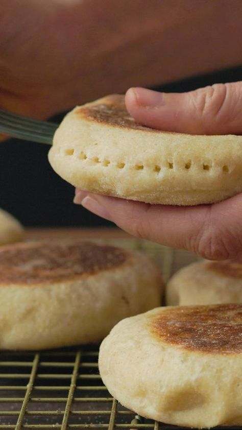 One bite of these easy homemade English Muffins and you’ll be hooked! They look just like the classic ones you get from the store with all the nooks and crannies but the taste and texture are so much better. Watch the video tutorial and see how easy it is to enjoy these around your breakfast table. English Muffins Recipe, English Muffin Recipes, Homemade English Muffins, Nooks And Crannies, Homemade Bread Easy, English Muffins, French Cooking, At The Store, English Muffin