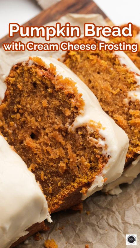 Pumpkin Bread with Cream Cheese Frosting is moist and flavorful, perfect for breakfast, dessert, or fall parties. A must-have autumn recipe! Pumpkin Bread Frosting, Pumpkin Bread With Cream Cheese, Pumpkin Cream Cheese Bread, Bread With Cream Cheese, Dessert Breads, Fall Goodies, Fall Parties, Moist Pumpkin Bread, Pumpkin Ice Cream