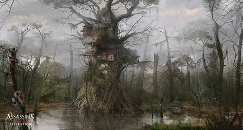 Swamp House, Creed 3, Magic Treehouse, Fantasy Places, Tree Drawing, Environment Design, Environment Concept Art, Fantasy Landscape, Art Background